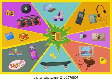 Conjunto de Elementos retro de los años 90. Estética de los años 90. Ilustración vectorial dibujada a mano: reproductor de audio, casete, disquete, boombox, patín, grabadora, rollo de cámara, juego de computadora, arco iris, consola.