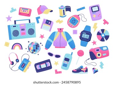 90s retro elements set. Bright multicolour collection. Vector illustration in trendy flat style