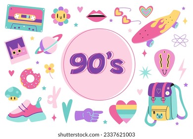 90s retro elements set, cartoon illustration. Vintage nineties aesthetic in modern style, bright pastel color. Trendy modern vector art isolated on white background, hand drawn, flat design