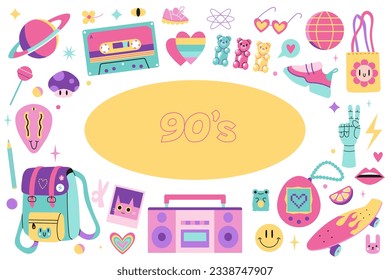 90s retro elements set, cartoon illustration. Vintage nineties vibes aesthetic in modern style, bright pastel color. Trendy modern vector art isolated on white background, hand drawn, flat design