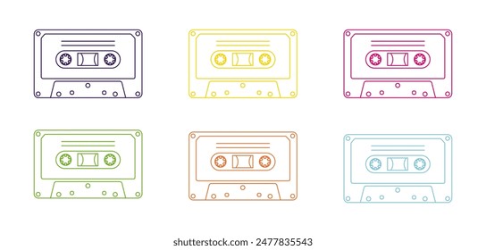 90s retro elements. Set of cassettes with audio tapes. Aesthetics of the 90s. Line art graphics