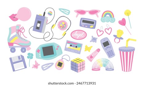 90s retro elements set. Collection of retro lifestyle accessories and fashion elements illustrations