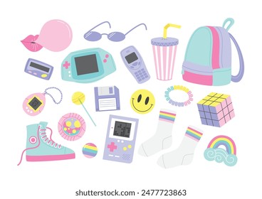 90s retro elements set. Collection of retro lifestyle accessories and fashion elements illustrations