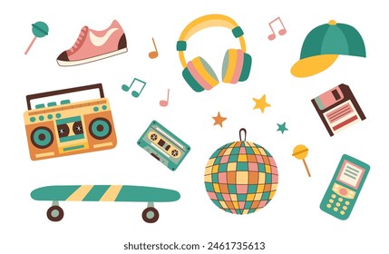 90s retro elements set. Concept of 90s. Stickers. Y2K, 2000s, 80s retro elements set.