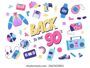 90s retro elements set with lettering. Bright multicolour collection. Vector illustration in trendy flat style