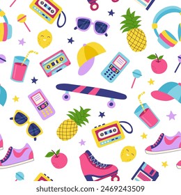 90s retro elements set seamless pattern on white surface. Concept of 90s. Stickers. Y2K, 2000s, 80s. Retro background.