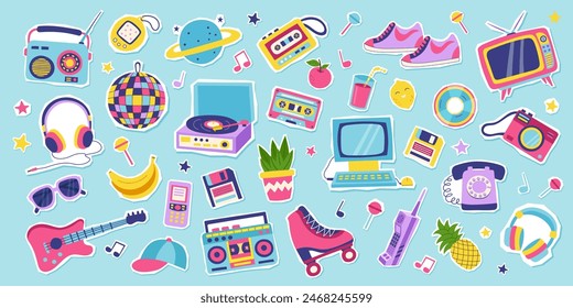 90s retro elements stickers set. Concept of 90s. Stickers isolated. Y2K, 2000s, 80s retro elements set.