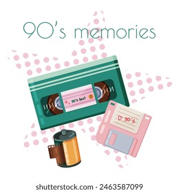 Soporte de almacenamiento de Elementos retro de los años 90. Disquete, cinta VHS y película fotográfica con la estrella en el fondo. Ilustración vectorial plana.
