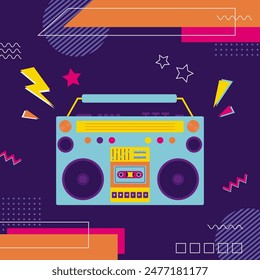 90s retro elements. Retro tape recorder for audio tapes. Color illustration in flat style. Aesthetics of the 90s