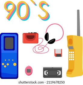 Retro-Elemente der 90er Jahre. Technologie-Sammlung. Alte elektronische Gadget-Kommunikation
