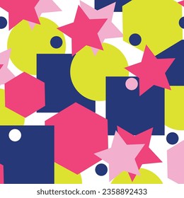 90s Retro geometric circle star dots square in pink yellow blue background. Trend of 2023. SHOTLIST1990