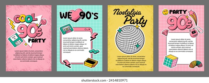 Retro-Poster-Vorlagen aus den 90er Jahren mit süßen Elementen. Farbige doodle Vektorgrafiken.