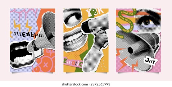 90s retro mixed art Posters set with collages. Punk pop art with megaphone, female eye and mouth. Halftone inspired paper cutout elements. Doodle stickers on textured background. Vector illustration.