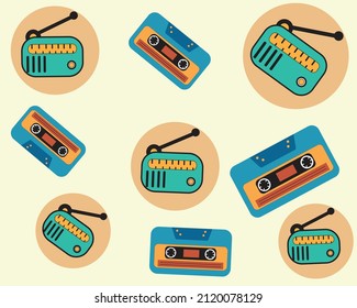 90s retro music elements. Radio player and cassette and Vector illustration isolated on cream background. Flat illustration.