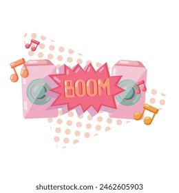 90s retro music elements. Two pink speakers and notes. Flat style vector illustration