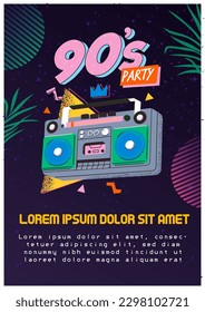 90's retro music party poster, banner or invitation card with retro colored tape radio boombox player on dark background. Nineties party, techno dance show promotion illustration in flat style.