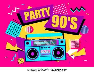 90s Retro Music Poster. 90s Party Banner Design, Retro Boombox On Funky Colorful Background. Poster, Flyer, Invitation. Vector Illustration