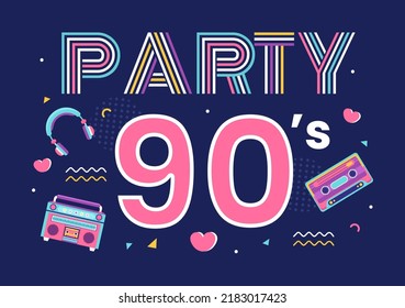 90s Retro Party Cartoon Background Illustration with Nineties Music, Sneakers, Radio, Dance Time and Tape Cassette in Trendy Flat Style Design