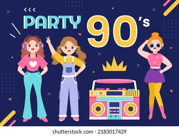 90s Retro Party Cartoon Background Illustration with Music, Sneakers, Radio and People of Dancing Time in Trendy Flat Style Design