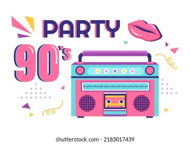 90s Retro Party Cartoon Background Illustration with Nineties Music, Sneakers, Radio, Dance Time and Tape Cassette in Trendy Flat Style Design