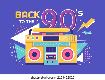 90s Retro Party Cartoon Background Illustration with Nineties Music, Sneakers, Radio, Dance Time and Tape Cassette in Trendy Flat Style Design