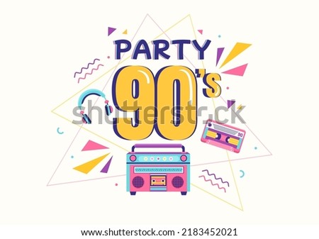 90s Retro Party Cartoon Background Illustration with Nineties Music, Sneakers, Radio, Dance Time and Tape Cassette in Trendy Flat Style Design
