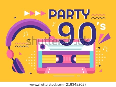 90s Retro Party Cartoon Background Illustration with Nineties Music, Sneakers, Radio, Dance Time and Tape Cassette in Trendy Flat Style Design