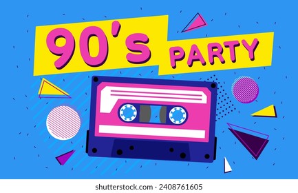 90s retro party poster. 90s music background, 90s style vintage banner. Vector illustration