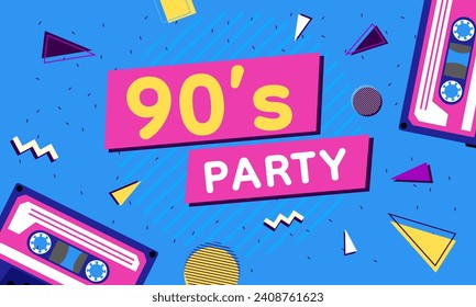 90s retro party poster. 90s music background, 90s style vintage banner. Vector illustration