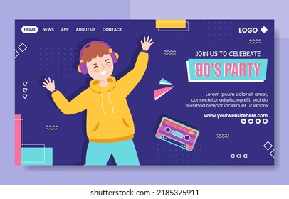 90s Retro Party Social Media Landing Page Template Flat Cartoon Background Vector Illustration