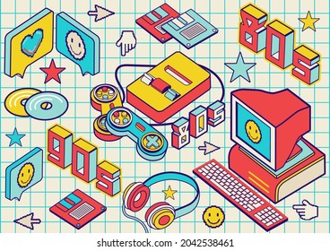 Elementos retro del pc de los 90 y fondo. Ilustración estética de la computadora antigua, paquete de emoticones nostalgia. Auriculares coloridos, disco, disquete, ordenador, consola de juegos. Plantilla modificable con iconos aislados.