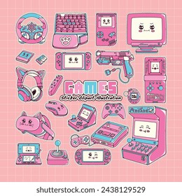 90's retro pc elements and games background .Old computer aesthetic illustration,  nostalgia sticker pack. Colorful headphones, disk, diskette, computer, game console. Editable template with isolated 