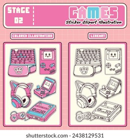 90's retro pc elements and games background .Old computer aesthetic illustration,  nostalgia sticker pack. Colorful headphones, disk, diskette, computer, game console. Editable template with isolated 