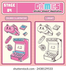 90's retro pc elements and games background .Old computer aesthetic illustration,  nostalgia sticker pack. Colorful headphones, disk, diskette, computer, game console. Editable template with isolated 