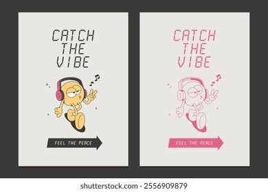 90s retro poster with a funny cartoon character listening to music, vector illustration 