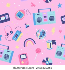 90s retro seamless pattern. Cute bright multicolor elements on pink background. Vector illustration in trendy flat style