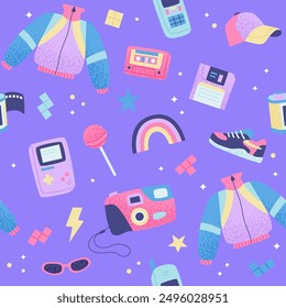 90s retro seamless pattern. Cute bright multicolor elements on purple background.. Vector illustration in trendy flat style