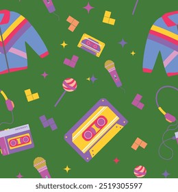 90s retro seamless pattern green. Cute trendy bright multicolor elements. Vector illustration.