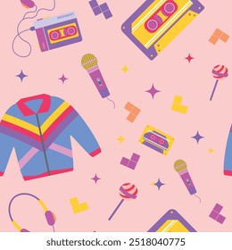 90s retro seamless pattern light pink. Cute trendy bright multicolor elements. Vector illustration.