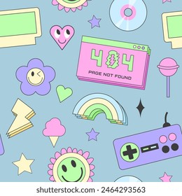 90s Retro Seamless Pattern. Vintage Aesthetic Vector Illustration in Trendy Flat Style.