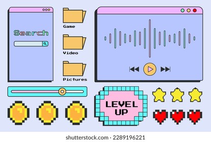 90s retro user interface elements. Cute nostalgic computer ui, vintage aesthetic icons and windows vector set. 90s interface digital, retro window compauter illustration