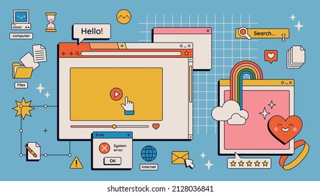 90s retro vaporwave aesthetics digital screen user interface. Cute old computer ui elements, nostalgic pc icons and dialog boxes vector set. Illustration of computer screen 90s - Shutterstock ID 2128036841