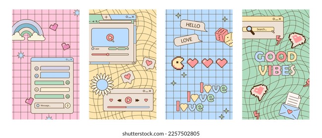 90s retro vaporwave aesthetics digital screen user interface. Cute old computer ui elements, nostalgic pc icons and dialog boxes vector set. Illustration of computer screen 90s. trend poster set