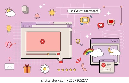 90s retro vaporwave aesthetics digital screen ui. Cute old computer ui elements, nostalgic pc icons and dialog boxes vector set. Illustration of computer screen 90s