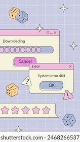 90s retro vaporwave aesthetics digital screen user interface. Cute old computer ui elements, nostalgic pc icons and dialog boxes vector set. Illustration of computer screen 90s