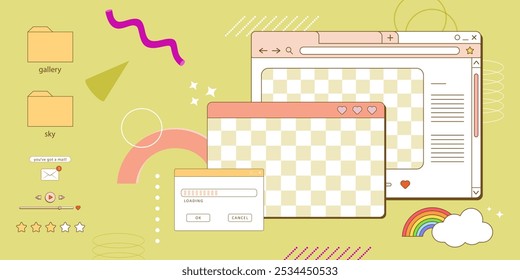 90s retro vaporwave estética digital tela ui. Elementos de interface do usuário do computador antigos bonitos, ícones nostálgicos do pc e conjunto de vetores de caixas de diálogo. Ilustração de tela de computador 90s