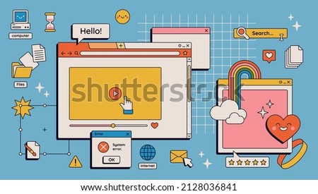 90s retro vaporwave aesthetics digital screen user interface. Cute old computer ui elements, nostalgic pc icons and dialog boxes vector set. Illustration of computer screen 90s Stockfoto © 