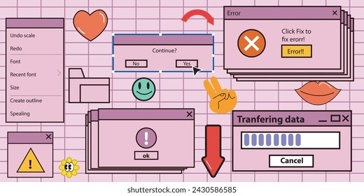 90s retro vaporwave, nostalgic computer ui icons and windows vector set. vector illustration design collection
