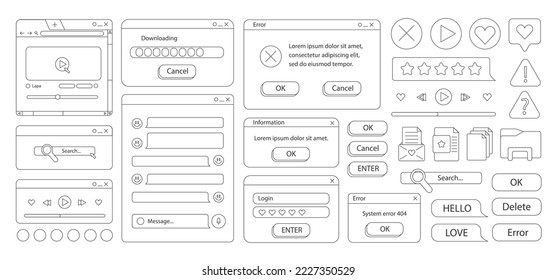 90s retro vaporwave old desktop user interface elements. Doodle style. Cute nostalgic computer ui, vintage aesthetic icons and windows vector set. 90s interface digital, retro window computer.