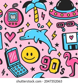 90s retro vintage teen style seamless pattern. Vector cartoon doodle character illustration wallpaper design. 90s,1990,teenager,dolphin,palm,smile fac print for poster,t-shirt seamless pattern concept